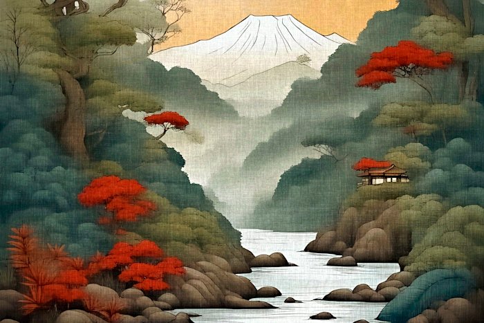 tekening van fuji berg en natuur japan